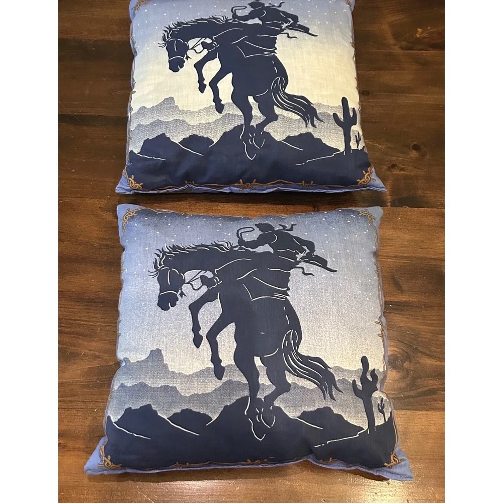 Vintage Western Cowboy Bucking Bronco Throw Pillows Blue Desert Silhouette Set‎